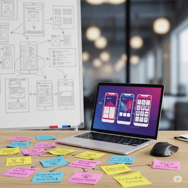 A founder sketching wireframes on a whiteboard with a laptop and sticky notes nearby — early-stage prototyping session in progress, illustrating design before development.