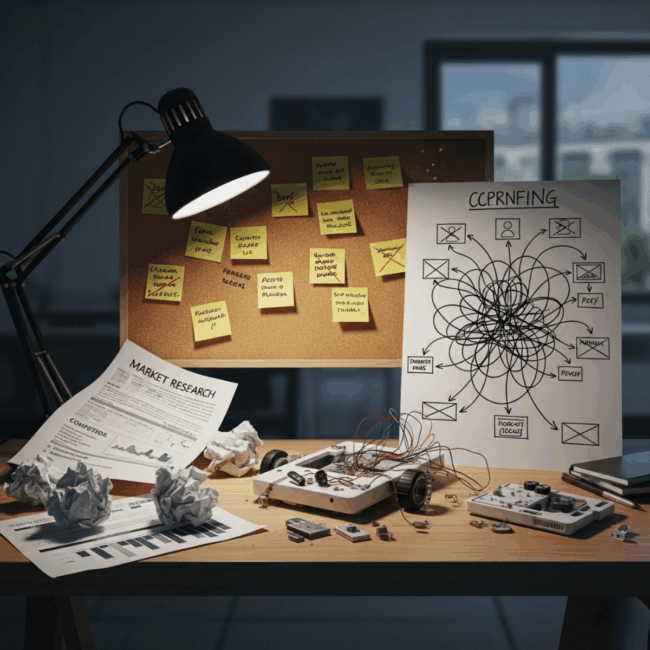 Founders planning MVP features on a whiteboard with sticky notes and user flow diagrams.