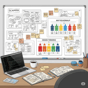 Illustration of a founder brainstorming startup solutions on a whiteboard with UX sketches, MVP roadmap, and sticky notes using SCAMPER and Design Thinking methods.