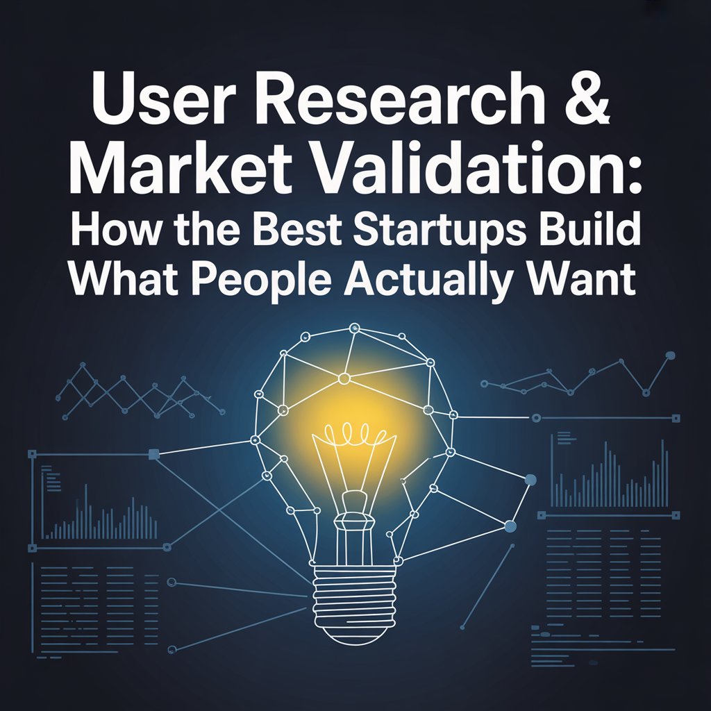 Illustration of a startup team conducting user interviews and analyzing survey data to validate product-market fit.