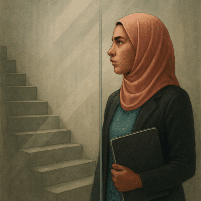 A South Asian woman facing a locked gate, symbolizing barriers in Pakistan’s entrepreneurial landscape