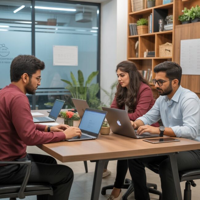 NIC Islamabad workspace, Co-working space filled with young founders collaborating on laptops.