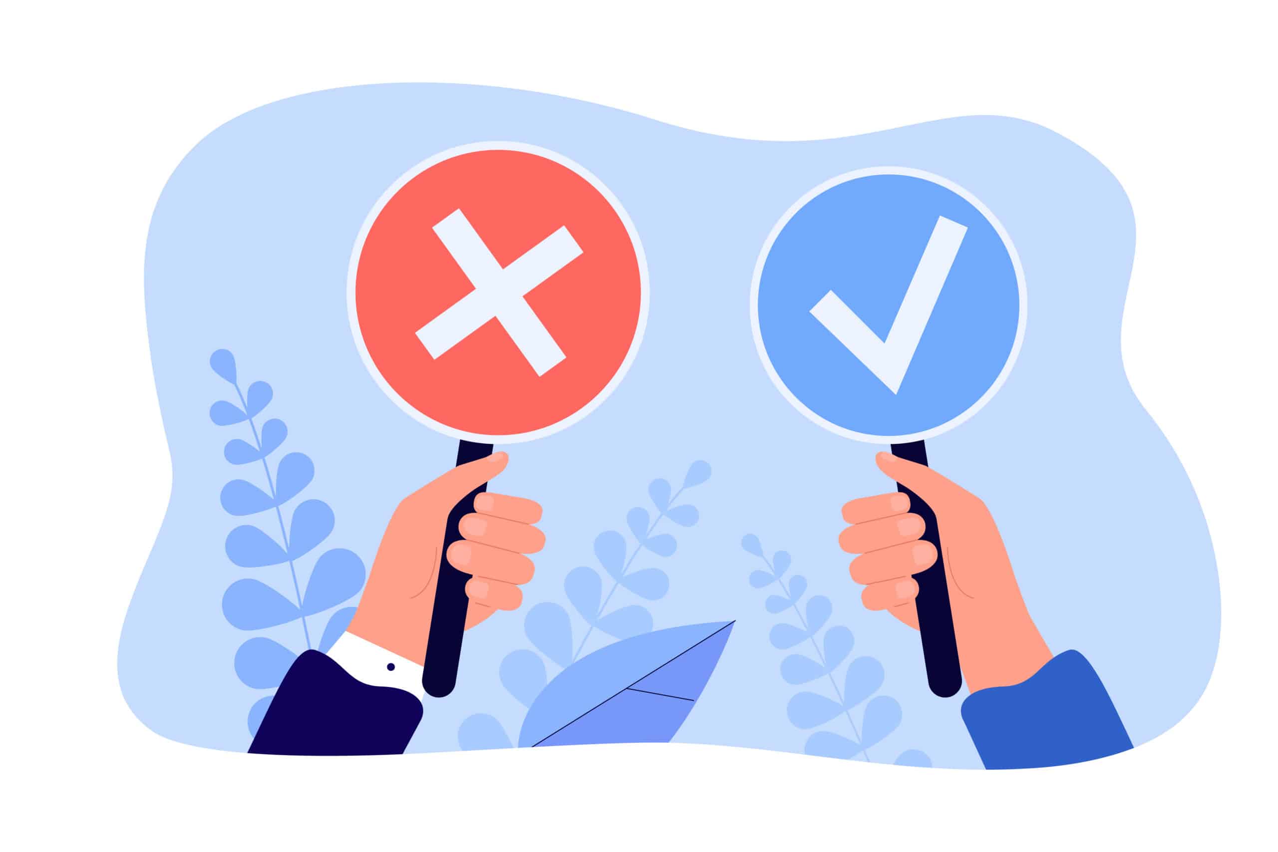 Hands holding signs with cross and checkmark