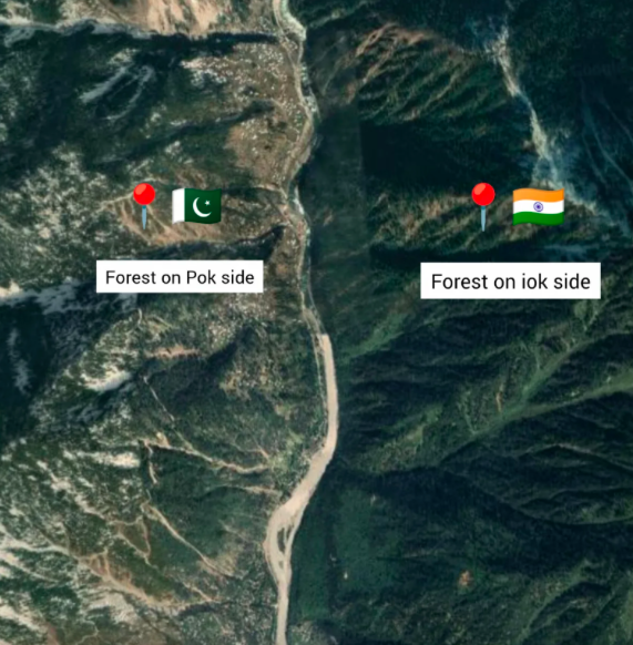 Google Earth satellite view of Neelum Valley showing preserved forests on the Indian side and deforested slopes on the Pakistan side.