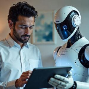 AI co-founder analyzing venture capital data with a startup founder in a digital workspace