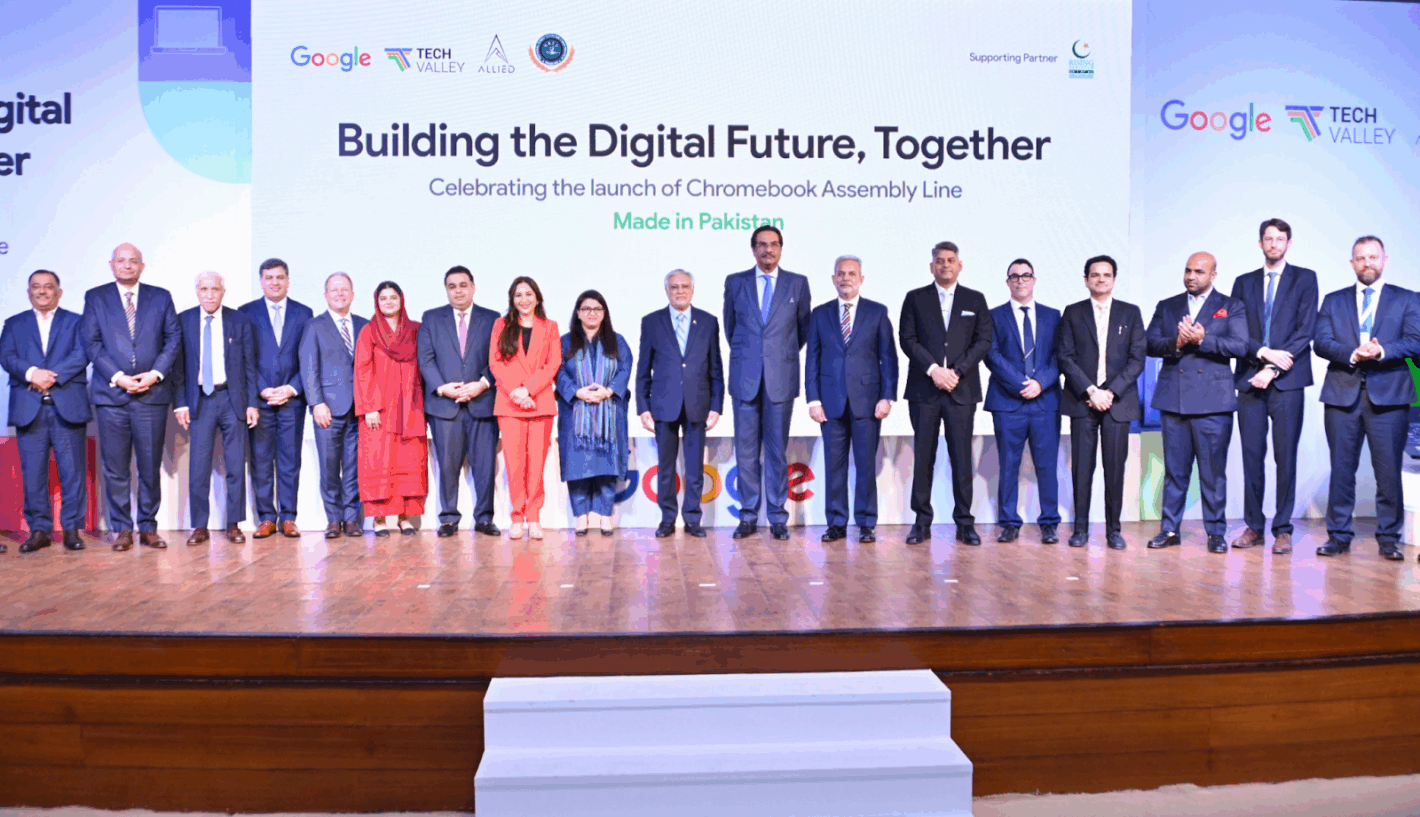 Deputy Prime Minister Ishaq Dar at the inauguration of Pakistan’s first Google Chromebook assembly line — a milestone for local manufacturing.”