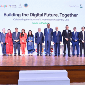 Deputy Prime Minister Ishaq Dar at the inauguration of Pakistan’s first Google Chromebook assembly line — a milestone for local manufacturing.”