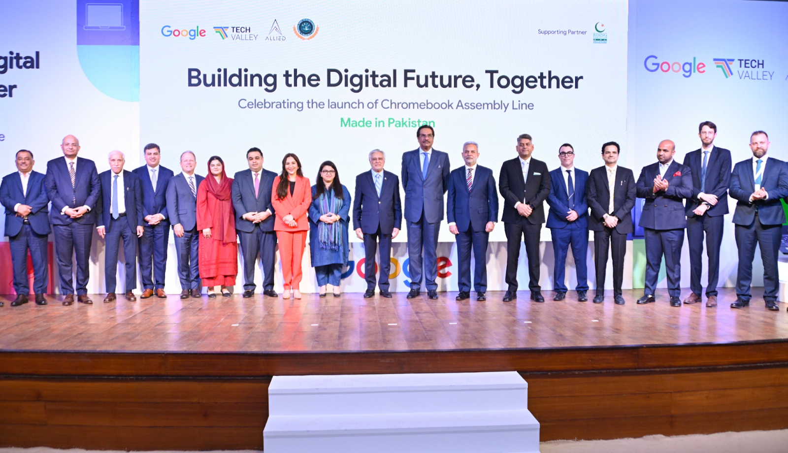 Deputy Prime Minister Ishaq Dar at the inauguration of Pakistan’s first Google Chromebook assembly line — a milestone for local manufacturing.”